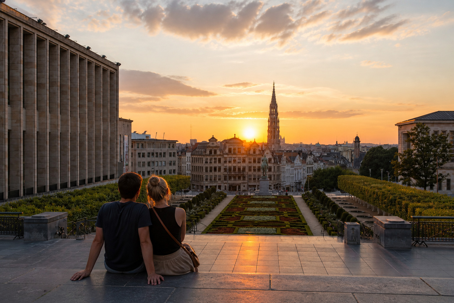 Pärchen im Sonnenuntergang über Brüssel