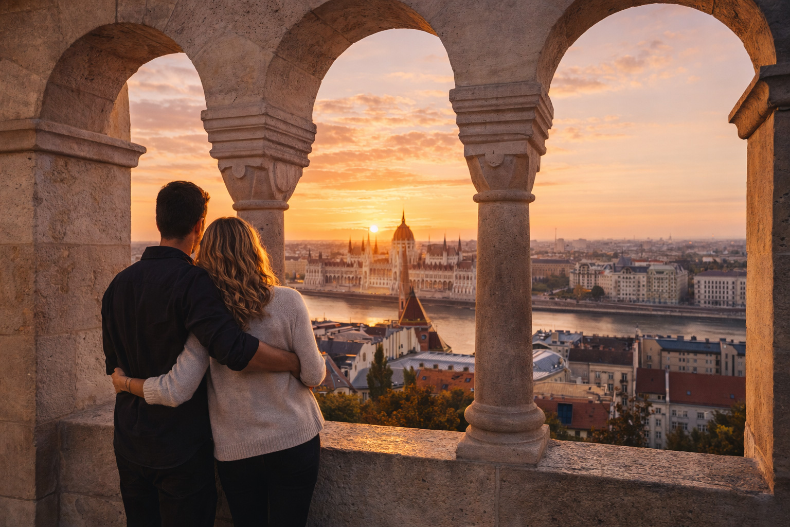 Pärchen im Sonnenuntergang über Budapest