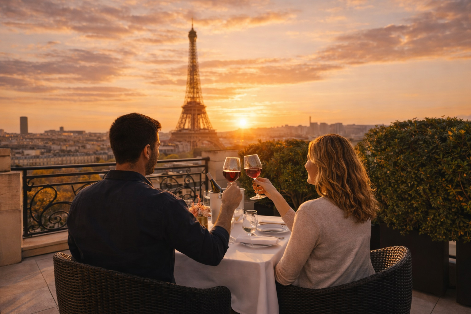 Toast an der Pariser Aussicht bei Sonnenuntergang