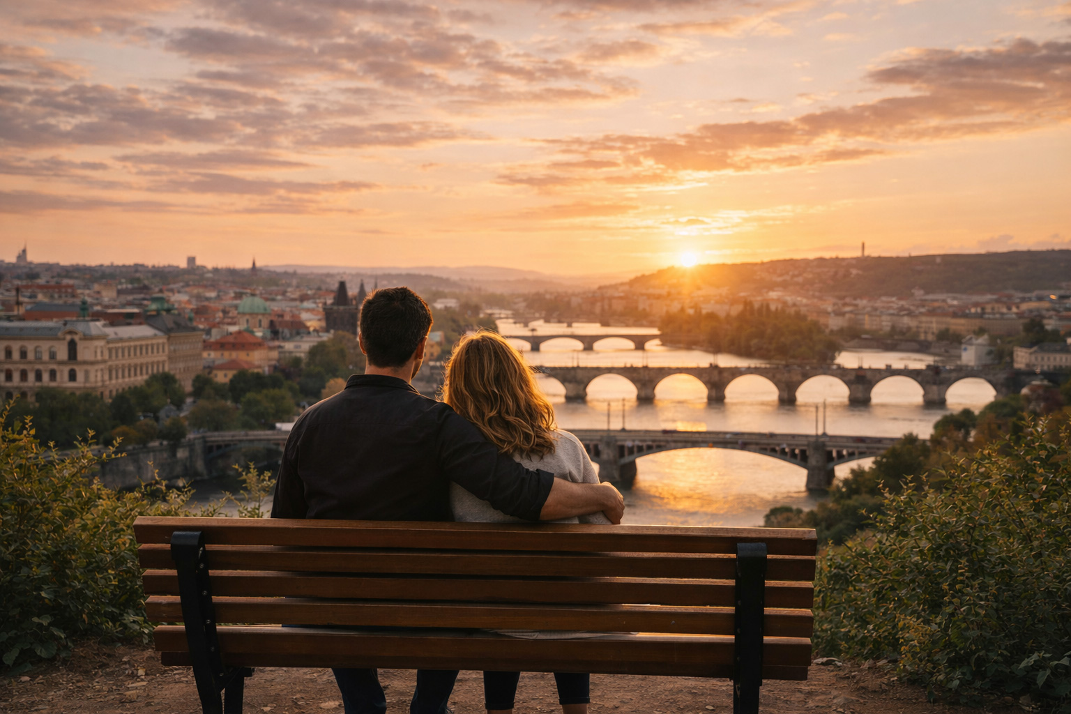 Pärchen beim Sonnenuntergang über Prag