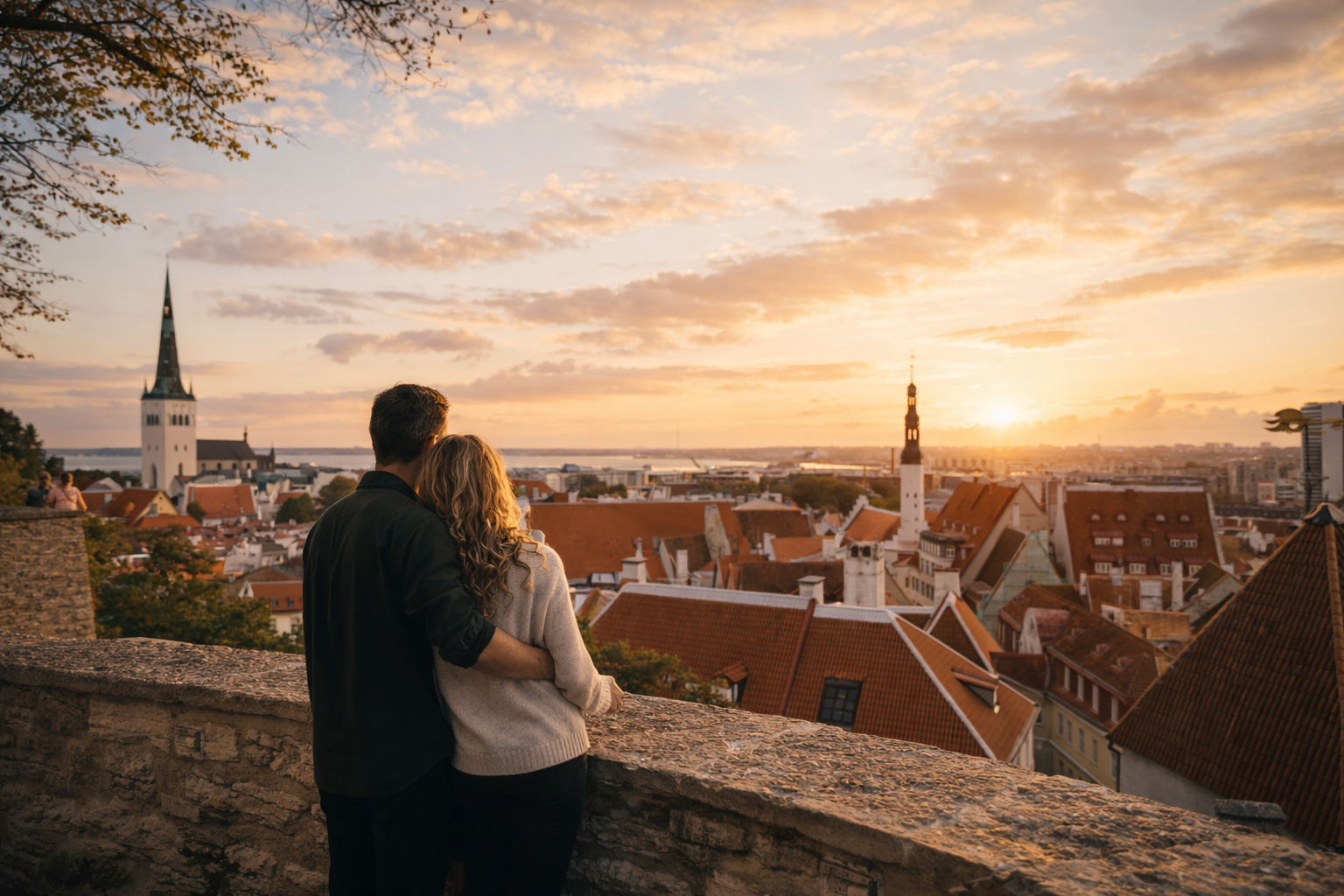 Paar blickt auf Tallinn bei Sonnenuntergang