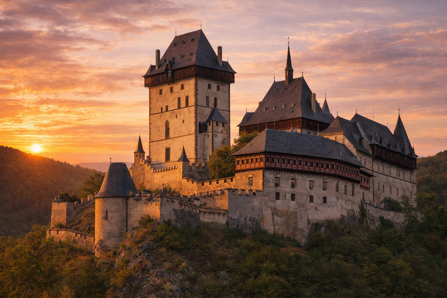 Burg Karlštejn bei Beroun bei Sonnenuntergang
