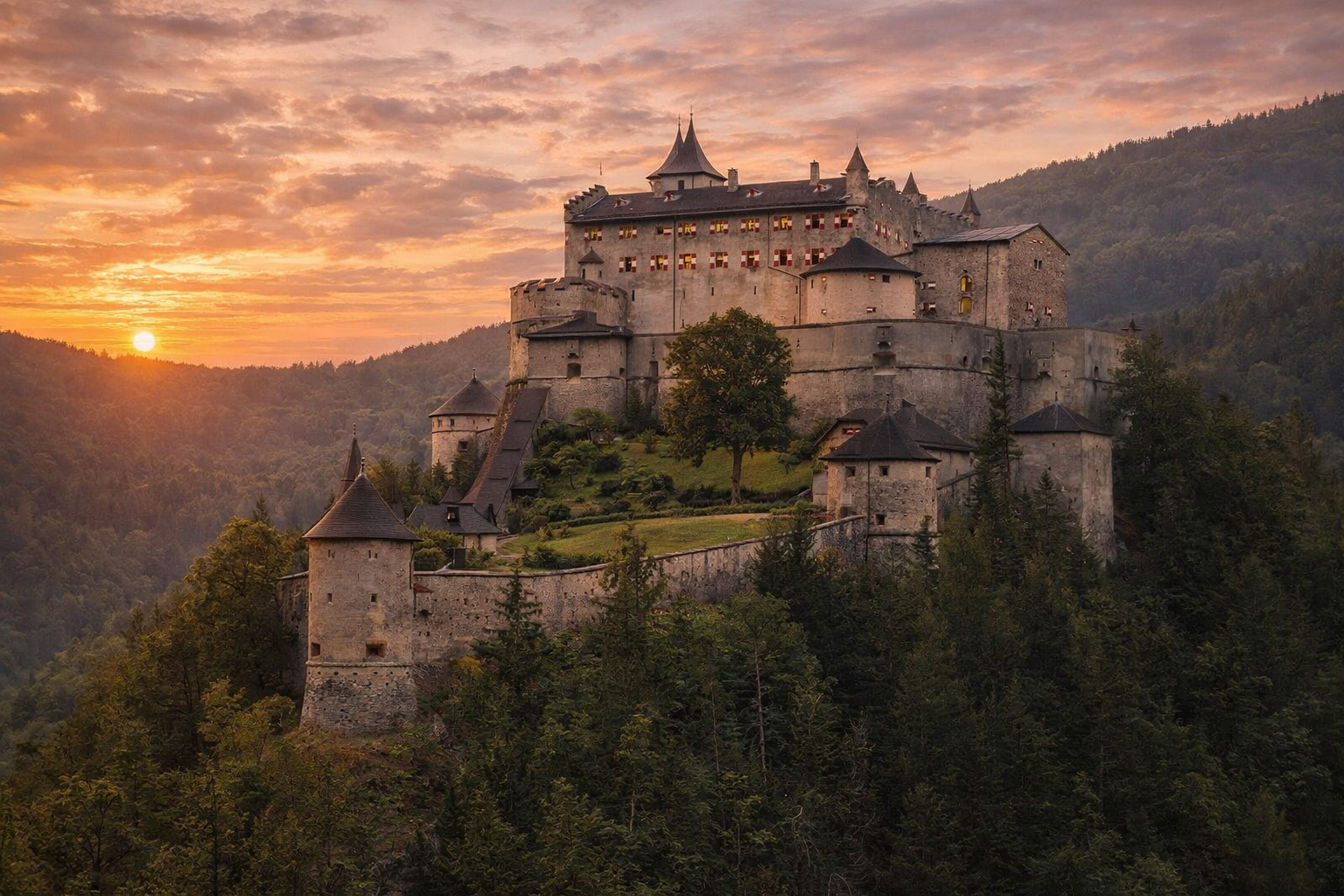 Festung Hohenwerfen in Salzburg bei Sonnenuntergang
