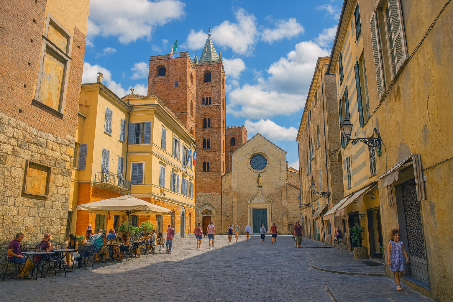 Piazza San Michele in Albenga mit der Kathedrale und rotem Backsteinturm, Straßencafé und Spaziergängern unter malerischen weiß-grauen Wolken im Sonnenschein.