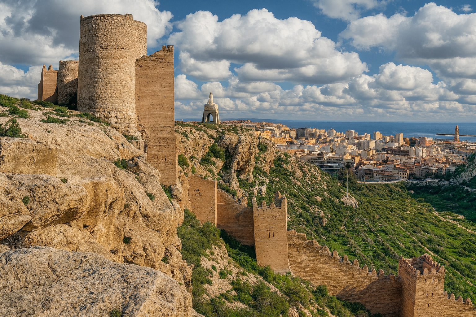 Panoramaaufnahme der Burg Alcazaba in Almería mit Blick auf die Stadt und das Mittelmeer bei klarem Sonnenlicht und malerischen weiß-grauen Wolken am Himmel.