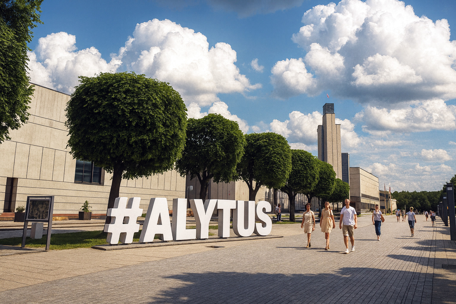 tadtzentrum von Alytus in Litauen im besten Sonnenlicht mit malerischen, teils dunklen Wolken, Spaziergänger schlendern über die breite Fußgängerzone mit dem #ALYTUS Schriftzug und Blick auf das Rathaus.