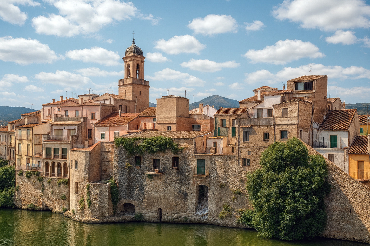 Die Altstadt von Amposta mit historischen Gebäuden am Flussufer unter malerischen weiß-grauen Wolken im besten Sonnenlicht.