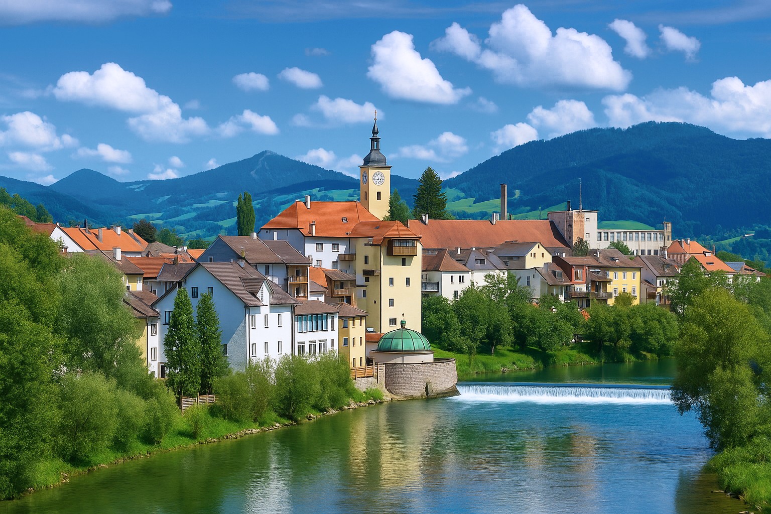 Panorama von Amstetten mit Altstadt, roten Dächern und Uhrturm, gelegen am Fluss mit Bergen im Hintergrund unter blauem Himmel mit weißen Wolken.