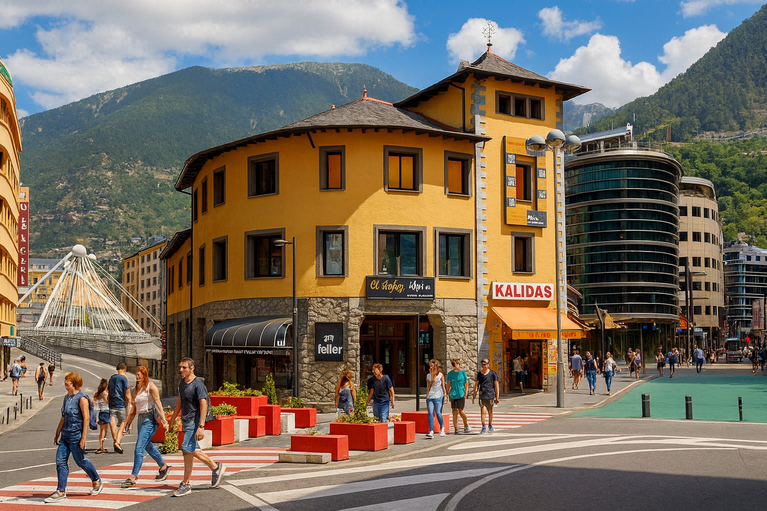 Innenstadt von Andorra la Vella mit gelbem Eckhaus, modernen Gebäuden und Spaziergängern unter malerischen weiß-grauen Wolken im Sonnenschein.