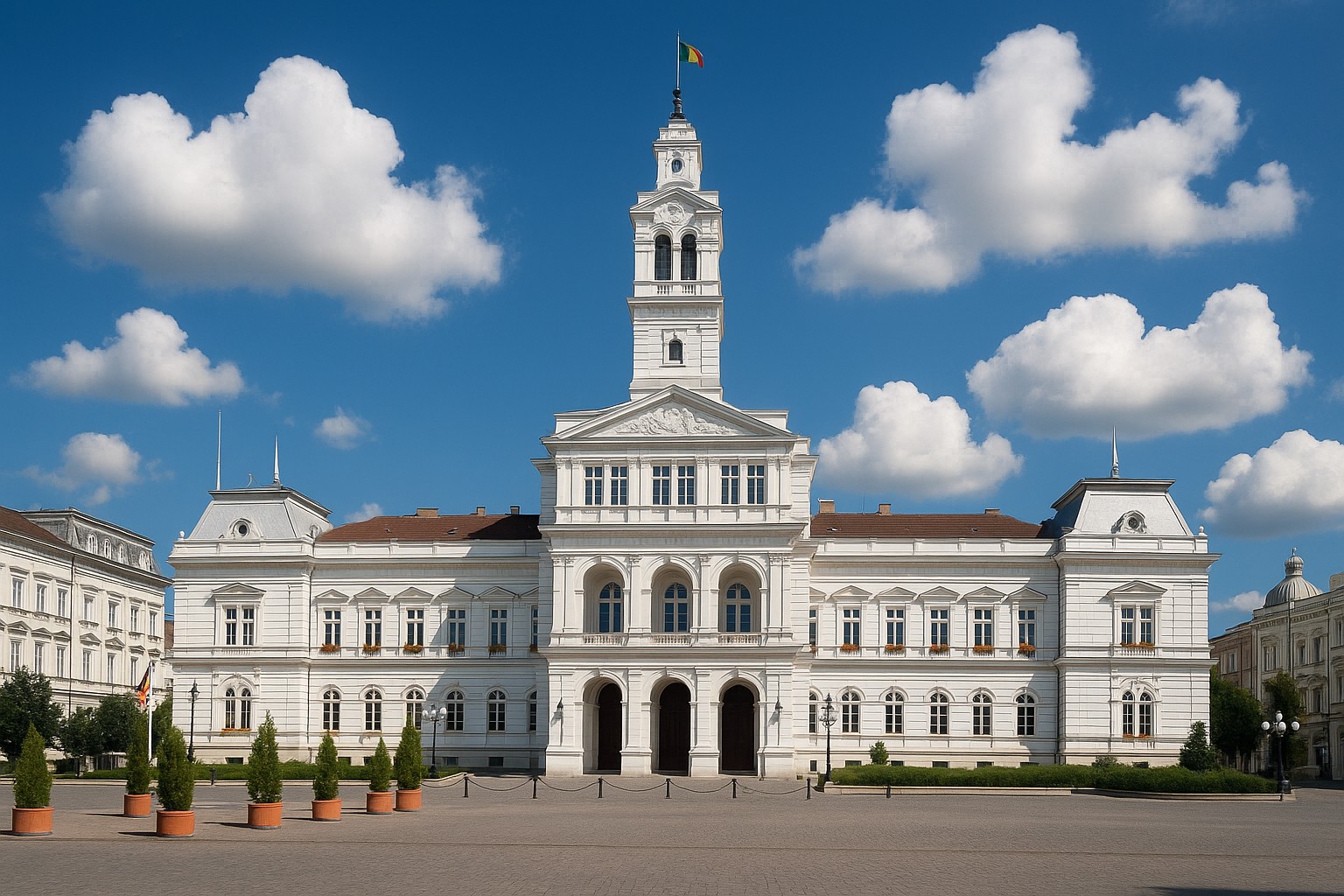 Rathaus von Arad in Rumänien mit Uhrturm und klassizistischer Fassade bei blauem Himmel und weißen Wolken.