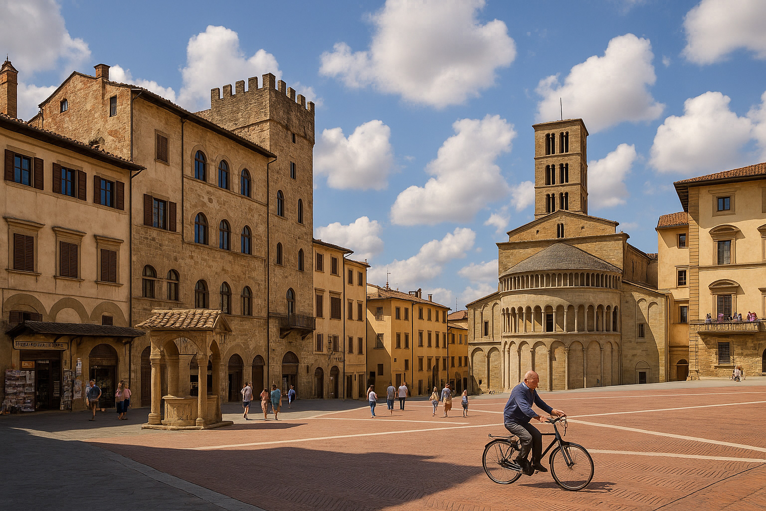 Piazza Grande in Arezzo mit mittelalterlichen Gebäuden, Spaziergängern und malerischen weiß-grauen Wolken im warmen Sonnenlicht.