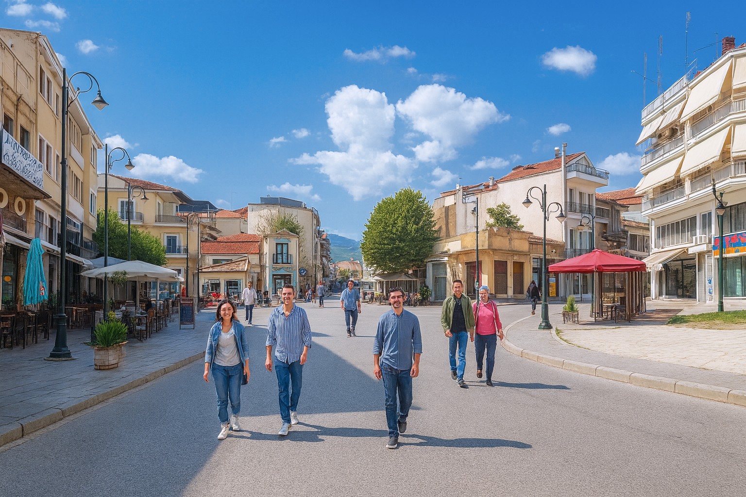 Hauptplatz von Argos Orestiko in Griechenland bei bestem Tageslicht mit weißen Wolken, ohne Autos und Oberleitungen, mit Straßencafés und Spaziergängern.
