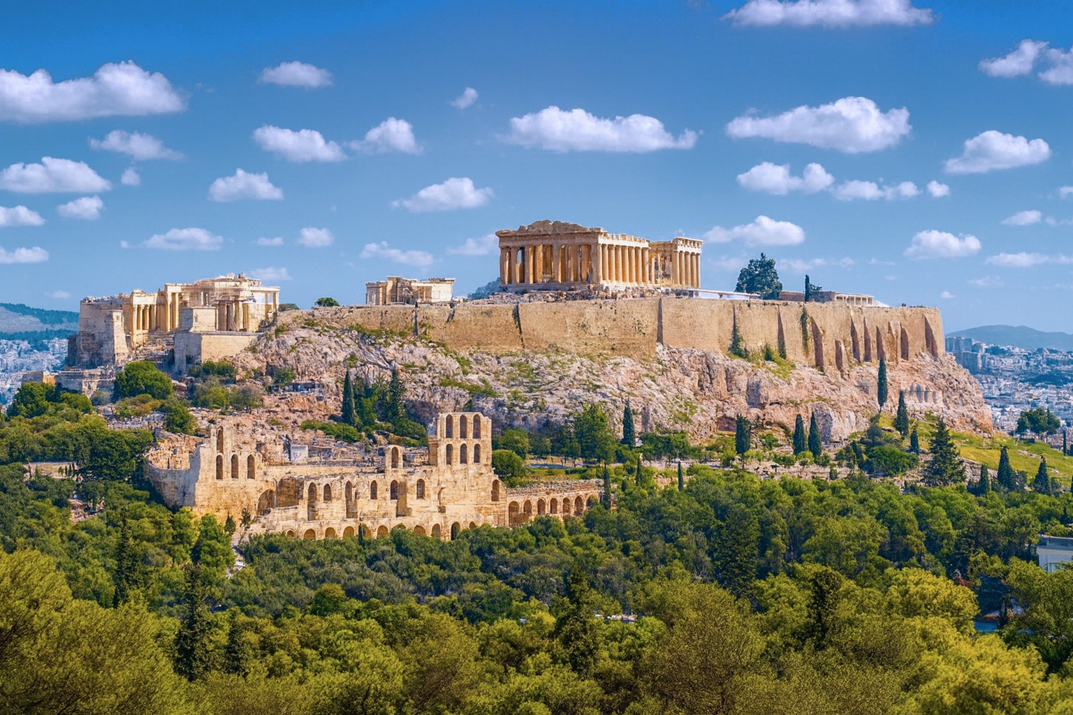 Panorama der Akropolis in Athen bei bestem Tageslicht mit weißen Wolken, ohne Baugerüste, mit Blick auf den Parthenon und das antike Theater, umgeben von grünen Bäumen.