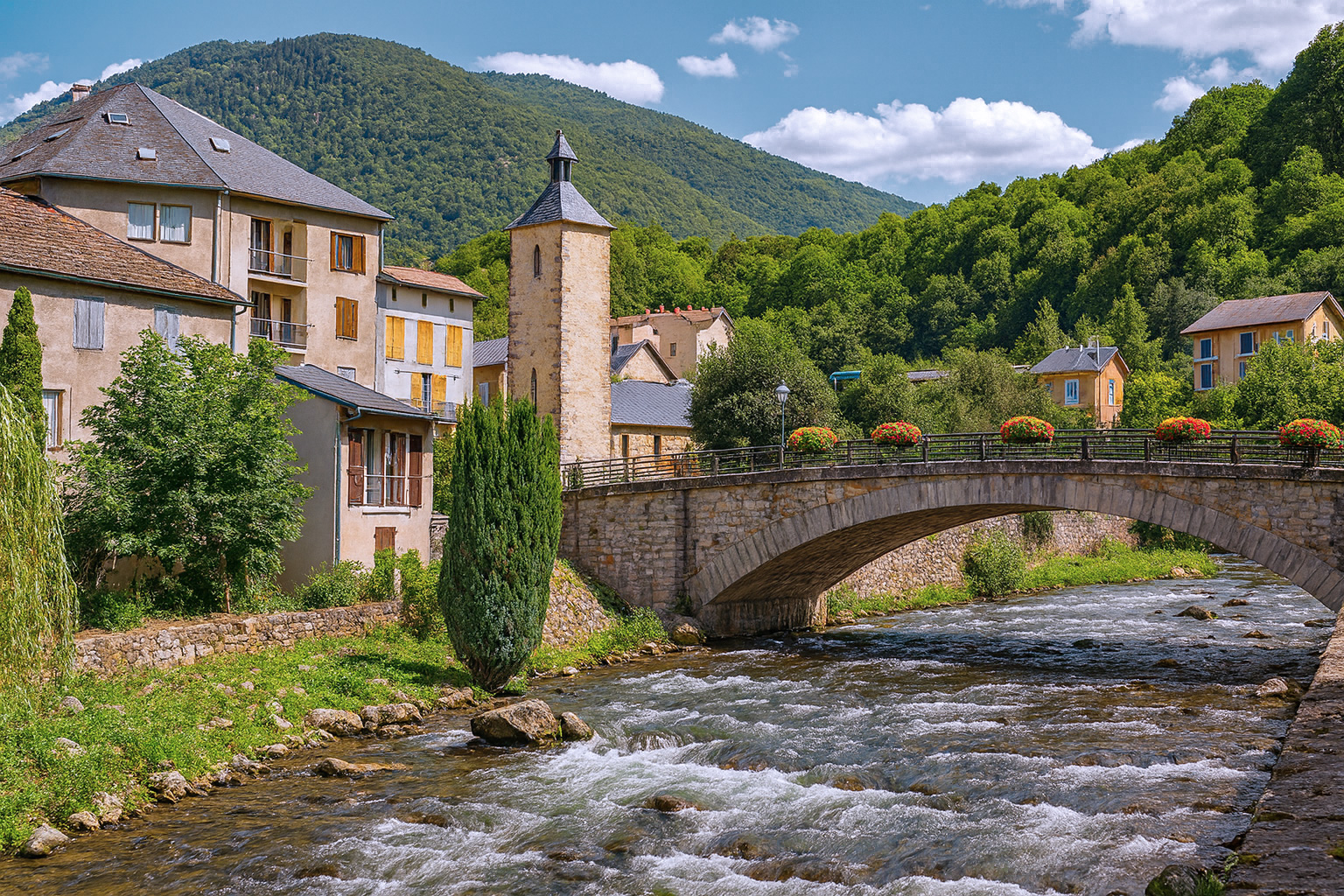 Die Pont Génie Brücke in Ax-les-Thermes über den Fluss mit den Häusern im Hintergrund unter malerischen weiß-grauen Wolken im besten Sonnenlicht.