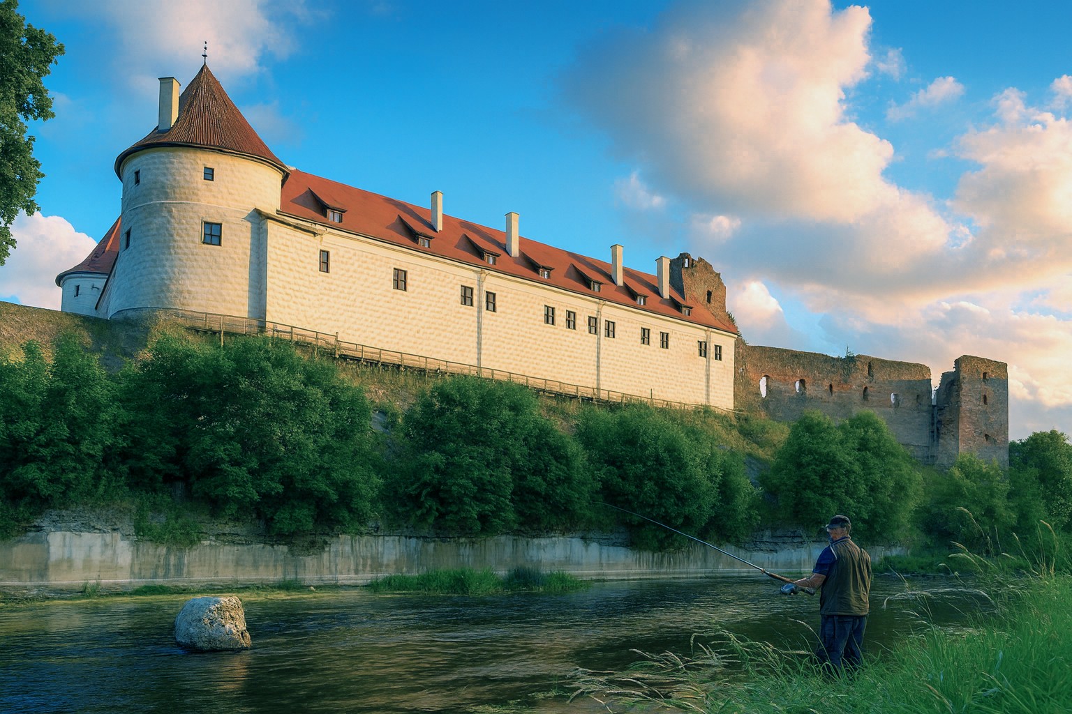 Burg Bauska in Lettland bei Sonnenlicht mit malerischen Wolken, ein Angler fischt am Flussufer vor der historischen Burganlage.