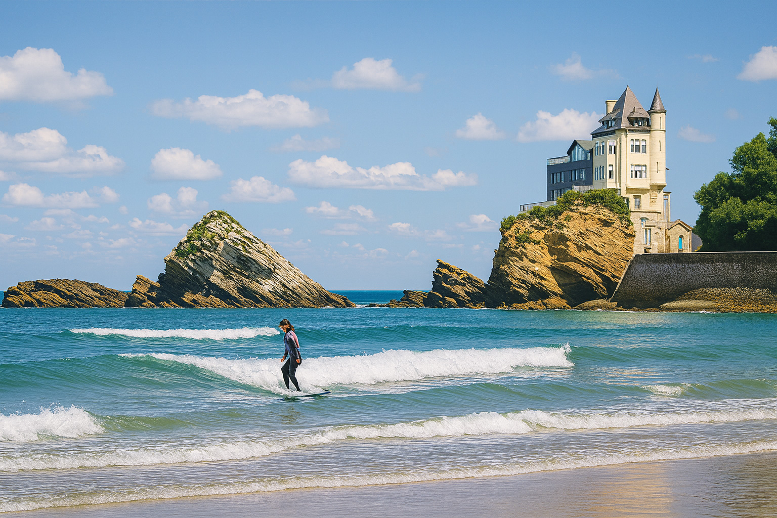 Strand von Biarritz mit der Villa Belza auf den Klippen im Hintergrund und einem Surfer, der auf den sanften Wellen unter blauem Himmel reitet.