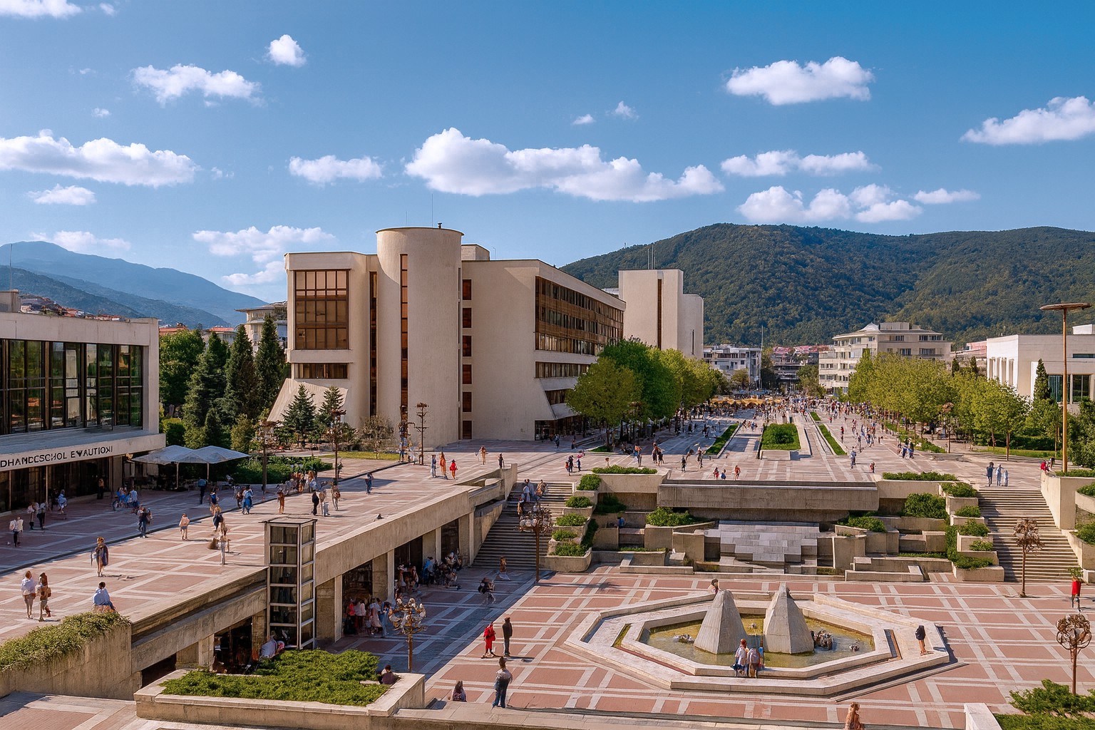 Panorama vom Hauptplatz in Blagoewgrad bei bestem Tageslicht mit weißem Wolkenhimmel, moderner Architektur, Brunnenanlage und vielen Spaziergängern vor grüner Bergkulisse.