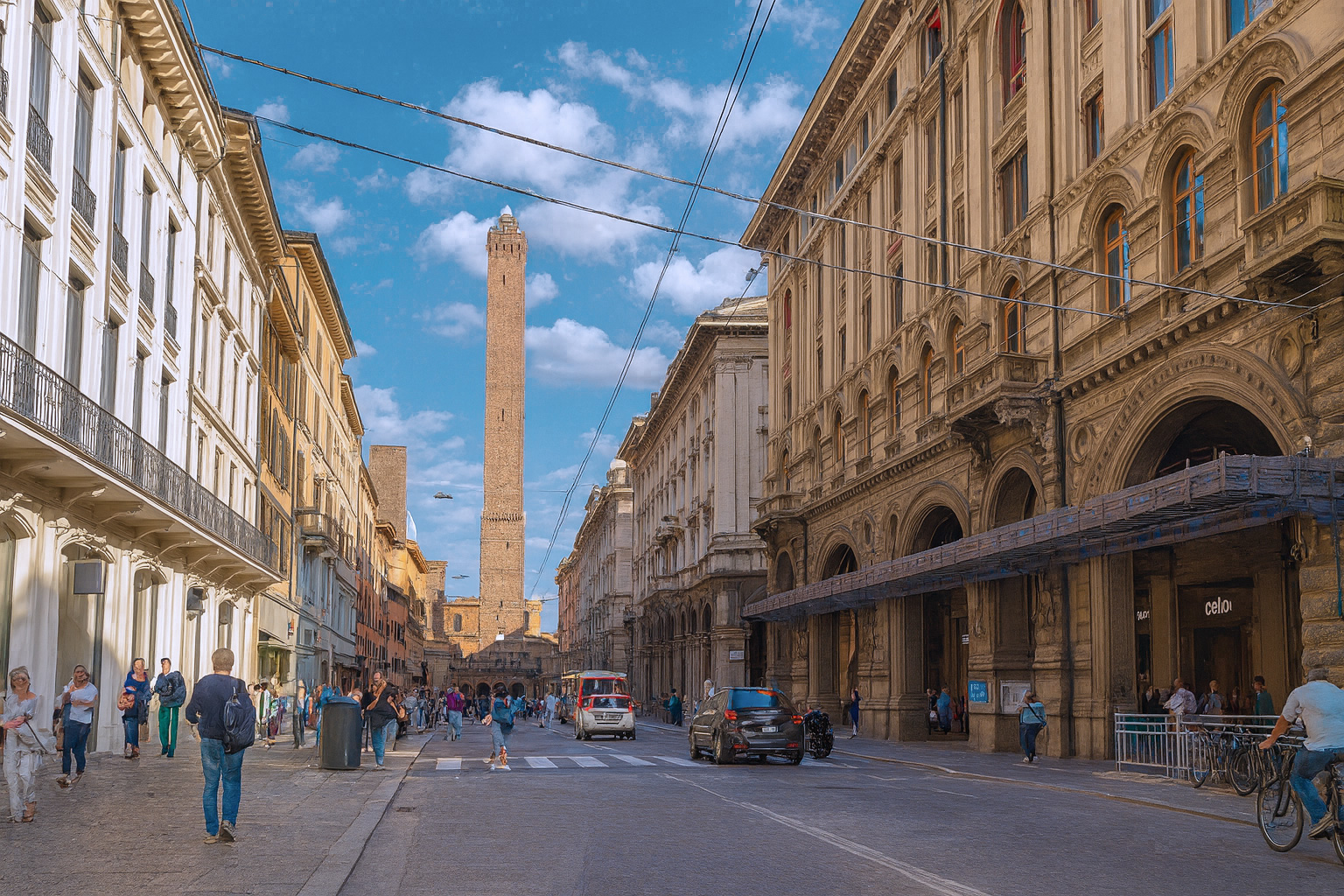 Altstadt von Bologna mit dem Asinelli-Turm im Hintergrund, historischen Gebäuden und Passanten bei sonnigem Wetter und blauem Himmel mit weißen Wolken.