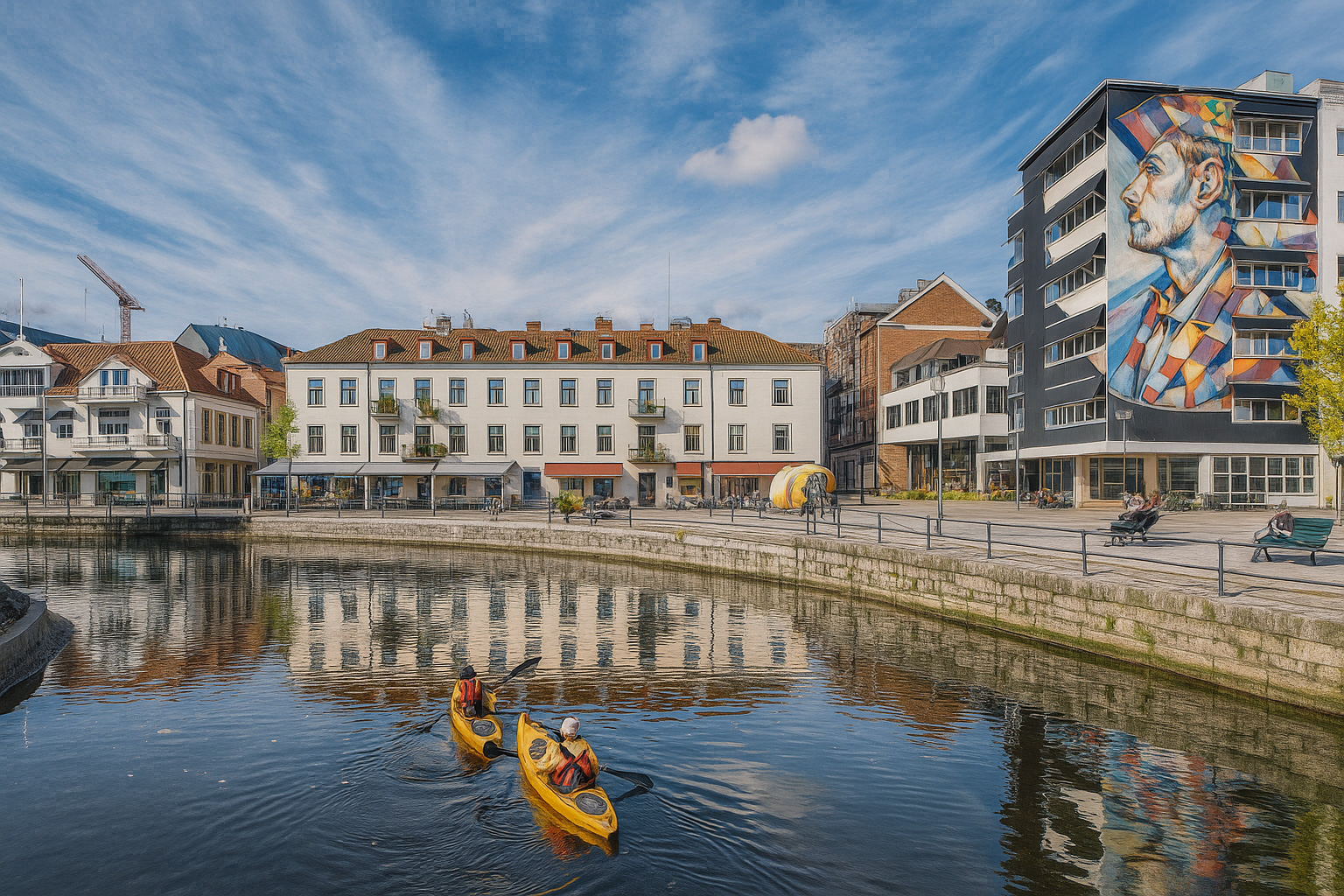 Blick auf die Uferpromenade in der Innenstadt von Borås mit modernen Gebäuden, Street-Art-Fassade und spiegelnder Wasseroberfläche unter einem Himmel mit Zirrus- und Kumuluswolken.