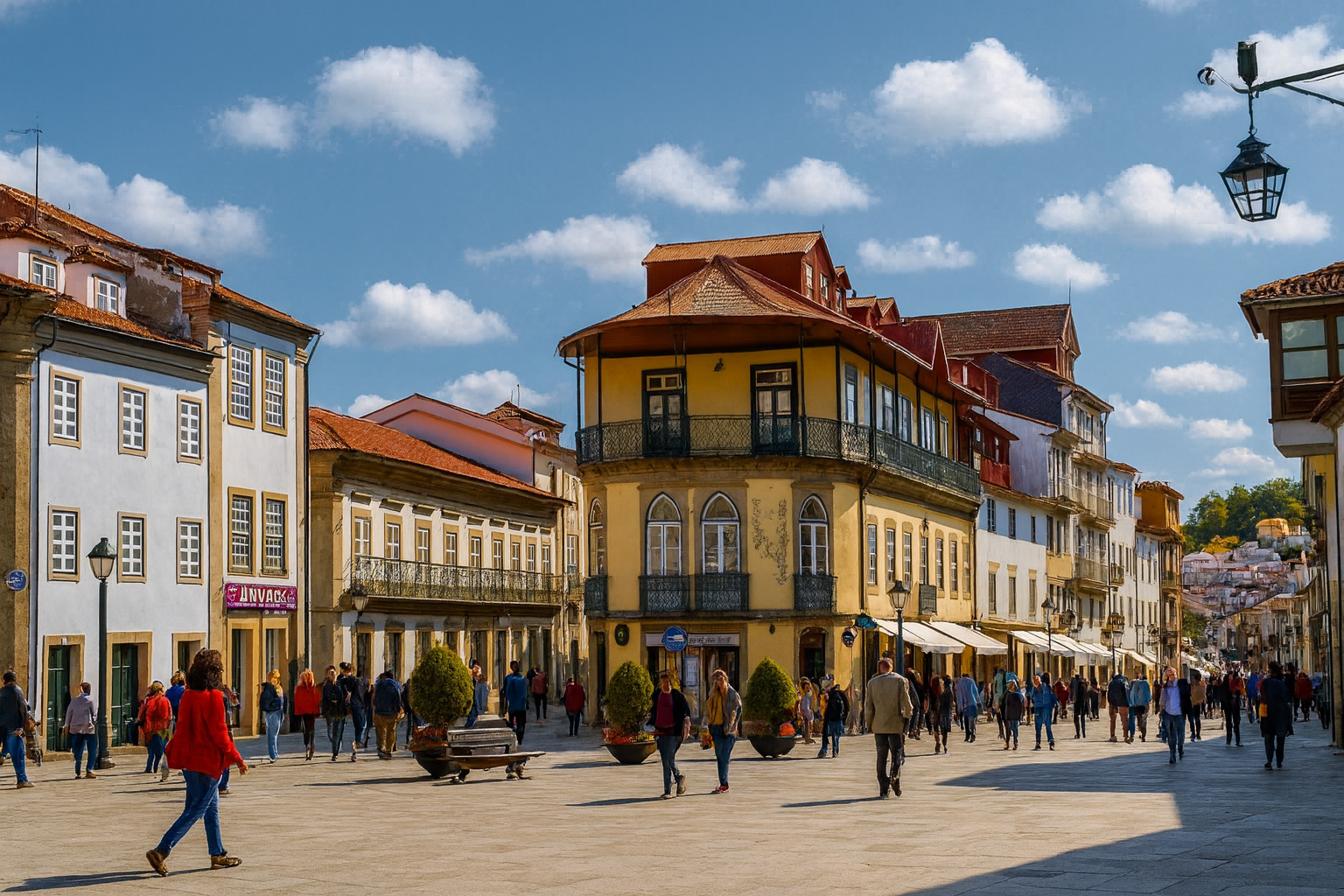 Praça da Sé in Bragança mit historischen Gebäuden, Balkonen und Spaziergängern auf dem Platz bei klarem Sonnenlicht und malerischen weiß-grauen Wolken.