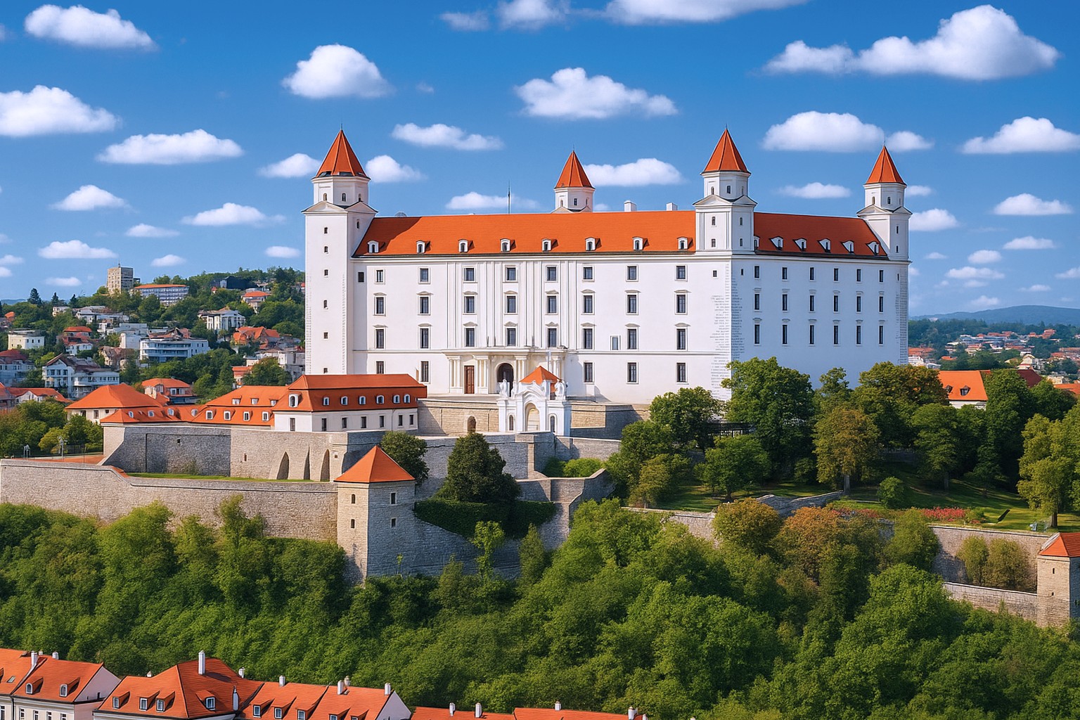 Burg von Bratislava mit roten Dächern und weißen Türmen auf einem Hügel über der Stadt, umgeben von grüner Landschaft und blauem Himmel mit weißen Wolken.