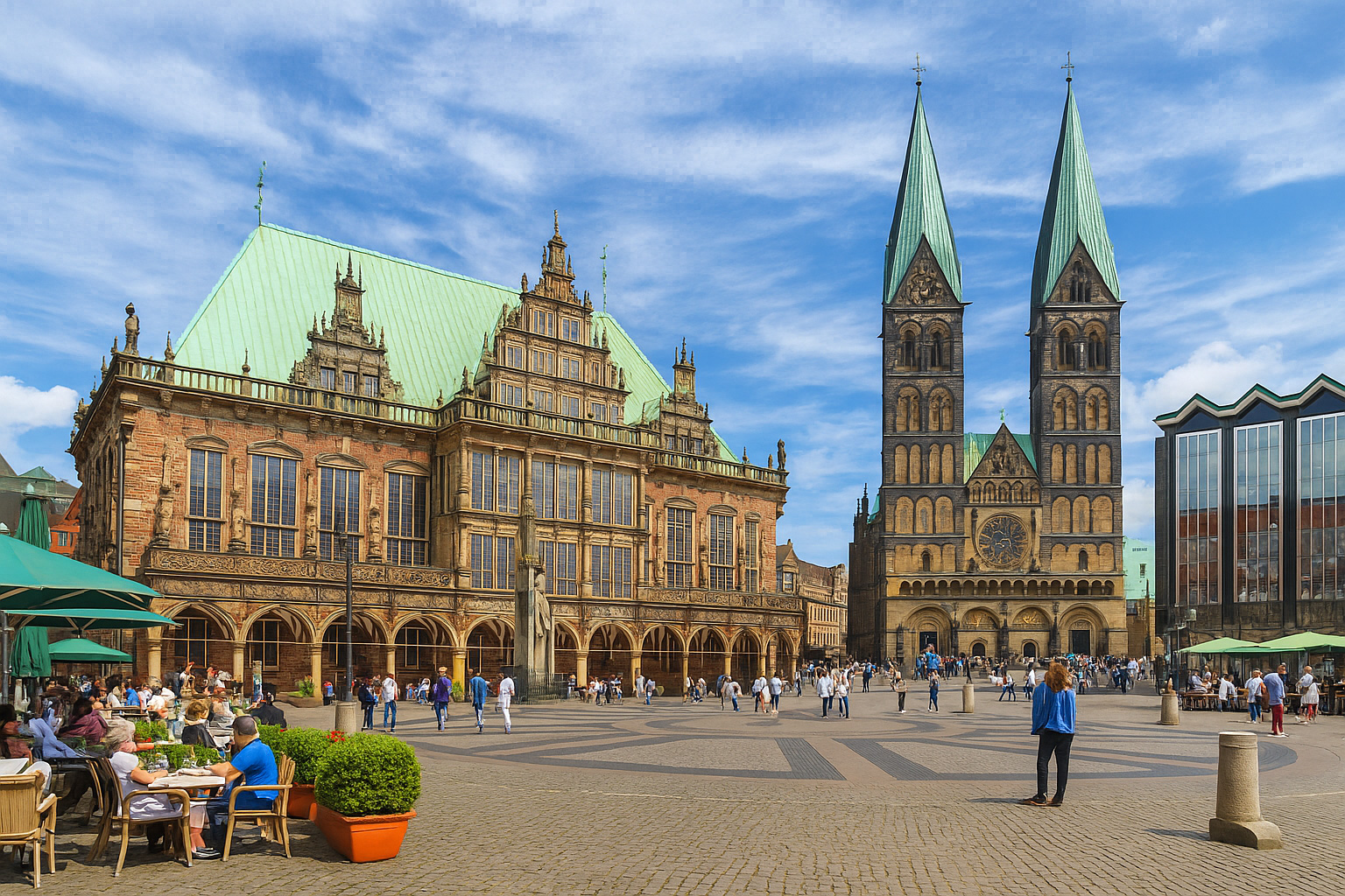 Blick auf den Marktplatz in Bremen mit dem historischen Rathaus, dem St. Petri Dom und belebtem Straßencafé unter einem Himmel mit Zirrus- und Kumuluswolken.