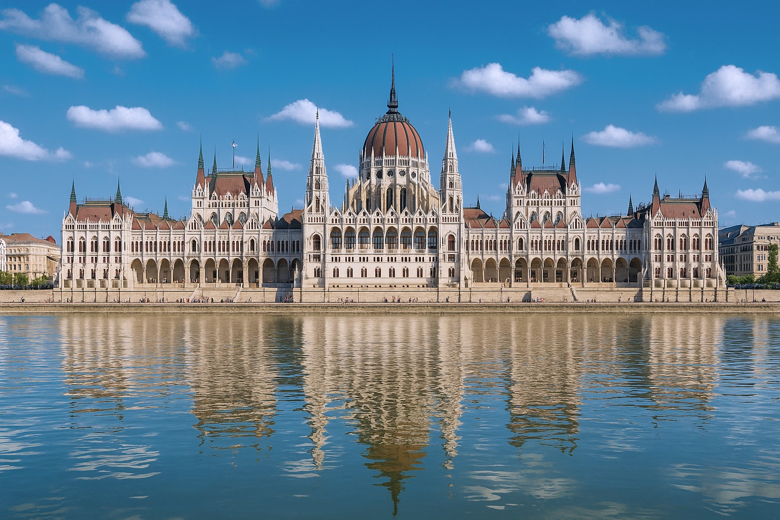 Ungarisches Parlamentsgebäude in Budapest an der Donau mit neugotischer Architektur, reflektiert im Wasser unter blauem Himmel mit weißen Wolken.