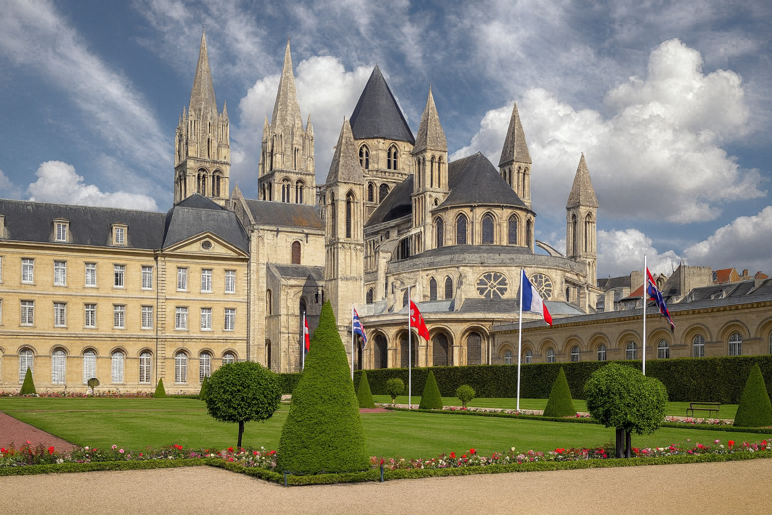 Panorama der Esplanade Jean-Marie Louvel in Caen mit der Abtei Saint-Étienne und gepflegtem Garten unter einem Himmel mit Zirrus- und Cumuluswolken bei Sonnenlicht.