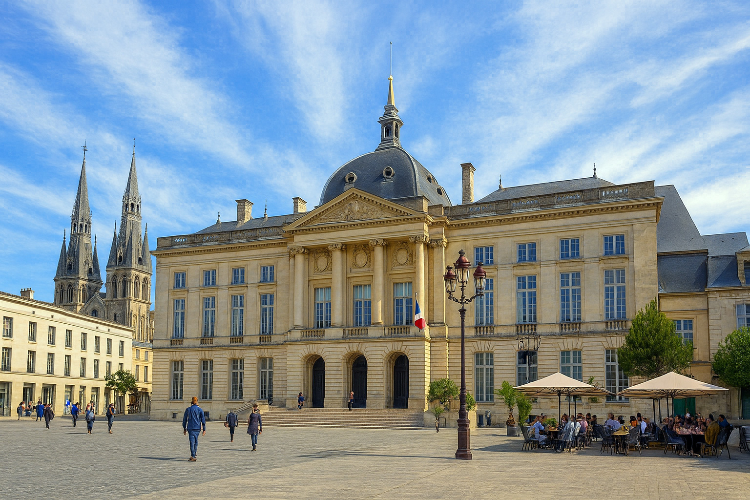 Panorama des Place du Maréchal Foch in Châlons-en-Champagne mit dem Rathaus und der Kirche im Hintergrund, Spaziergängern und einem Straßencafé unter einem Himmel mit Zirrus- und Cumuluswolken bei Sonnenlicht.