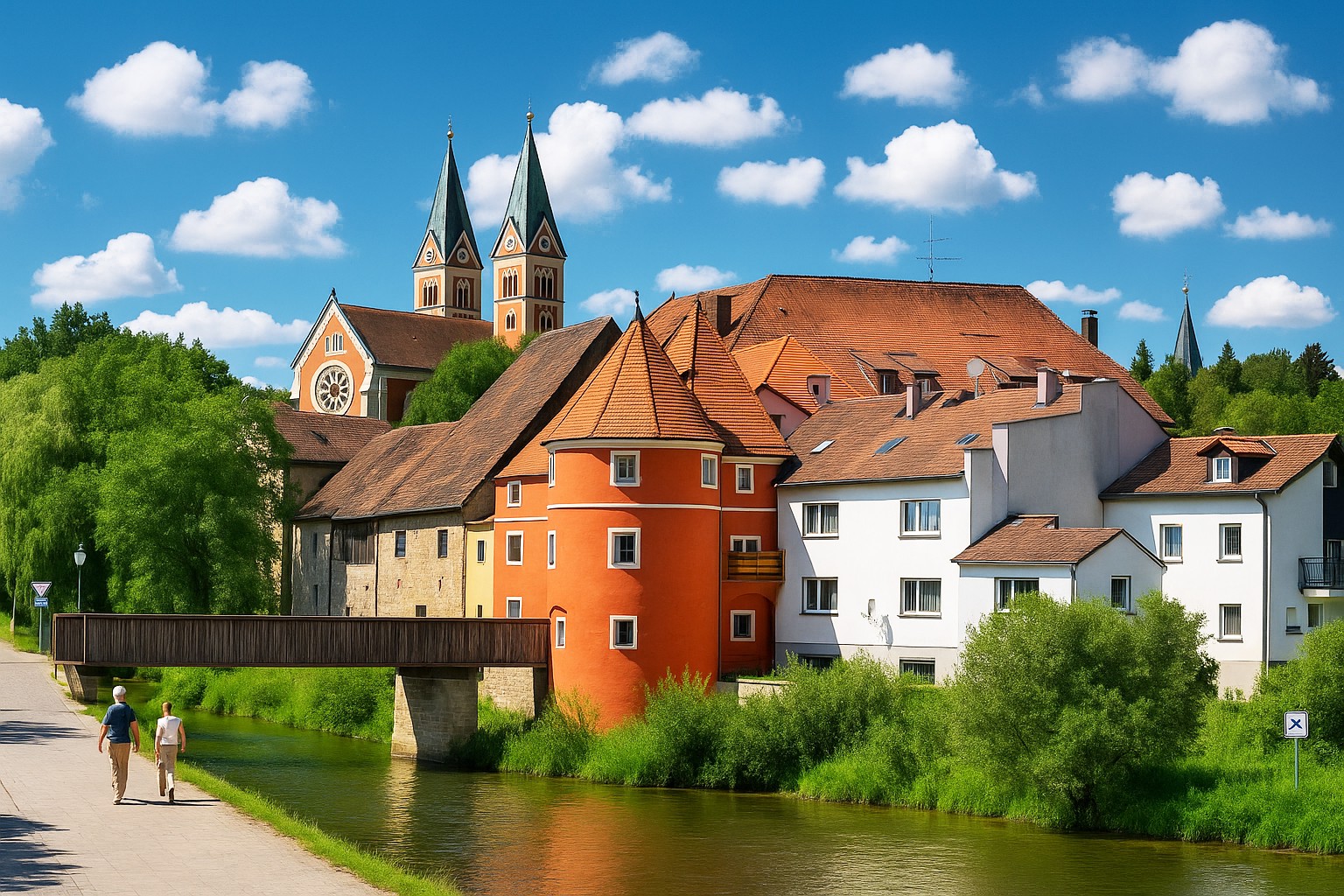 Historisches rotes Biertor in der Altstadt von Cham in Bayern, mit Fußgängerbrücke über den Fluss, bei strahlender Mittagssonne und malerischen weißen Wolken.