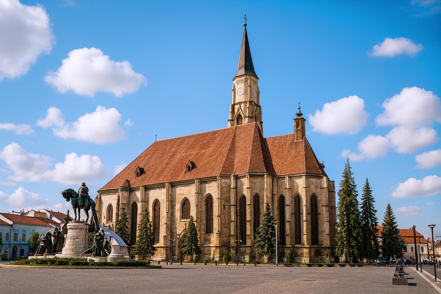 St. Michaelskirche in Cluj-Napoca mit Matthias-Corvinus-Reiterstatue auf dem zentralen Platz bei Sonnenschein und weißen Wolken.