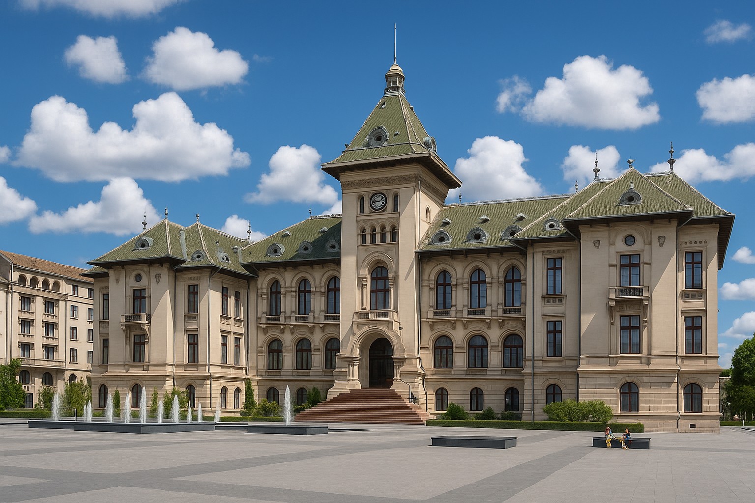Rathaus von Craiova bei bestem Tageslicht mit blauem Himmel und markanten weißen Wolken, davor Springbrunnen und offener Platz.