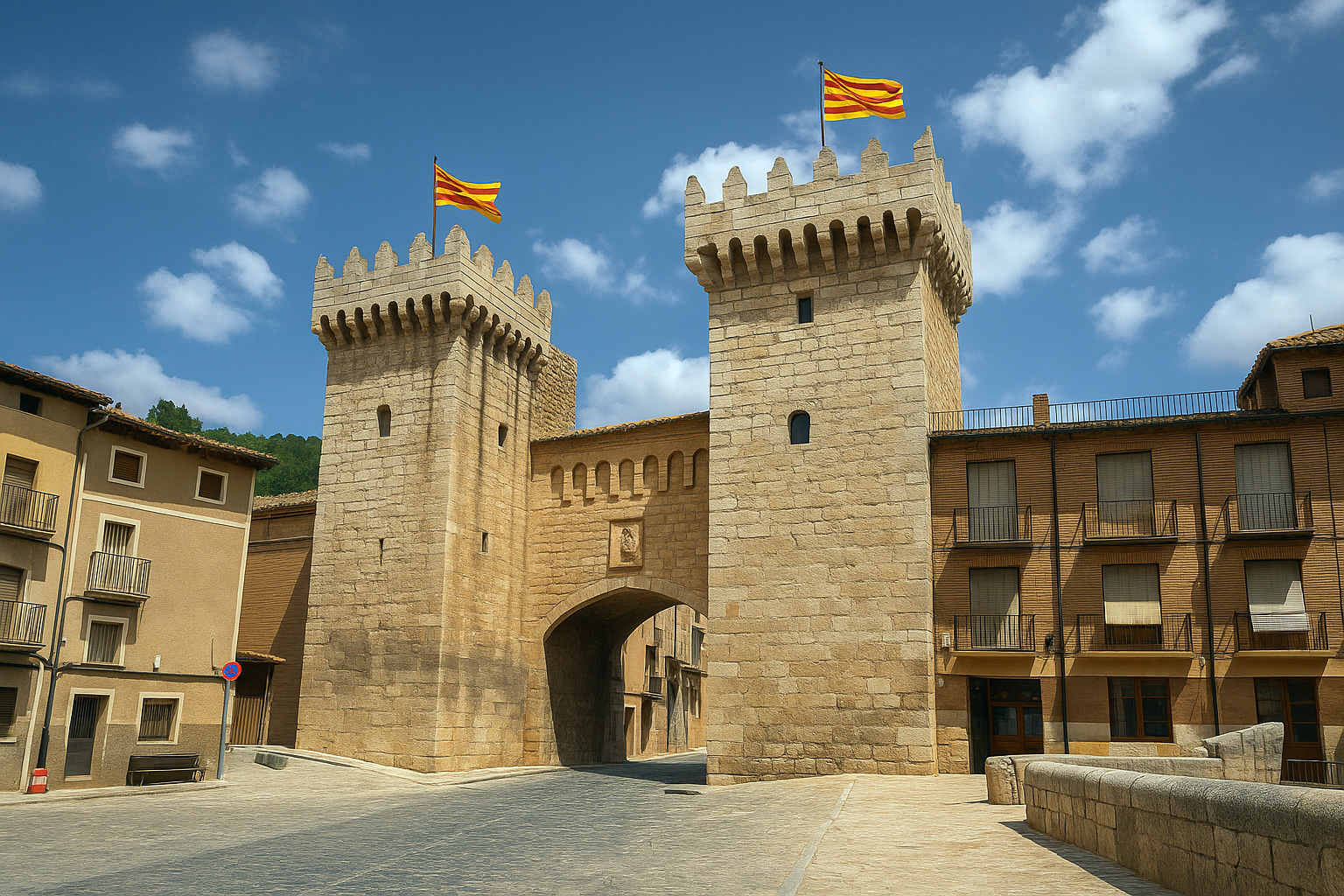 Historisches Stadttor mit den Doppeltürmen von Daroca unter blauem Himmel und malerischen weiß-grauen Wolken bei sonnigem Wetter.
