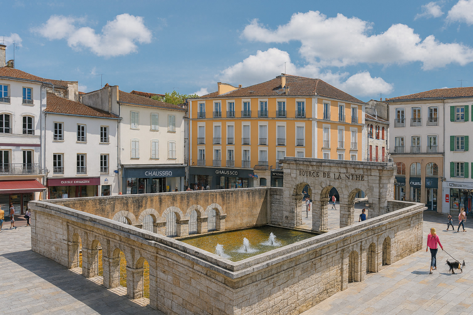 Platz mit der römischen Thermalquelle Source de la Néhe in Dax, umgeben von historischen Gebäuden, mit einigen Spaziergängern bei sonnigem Wetter.