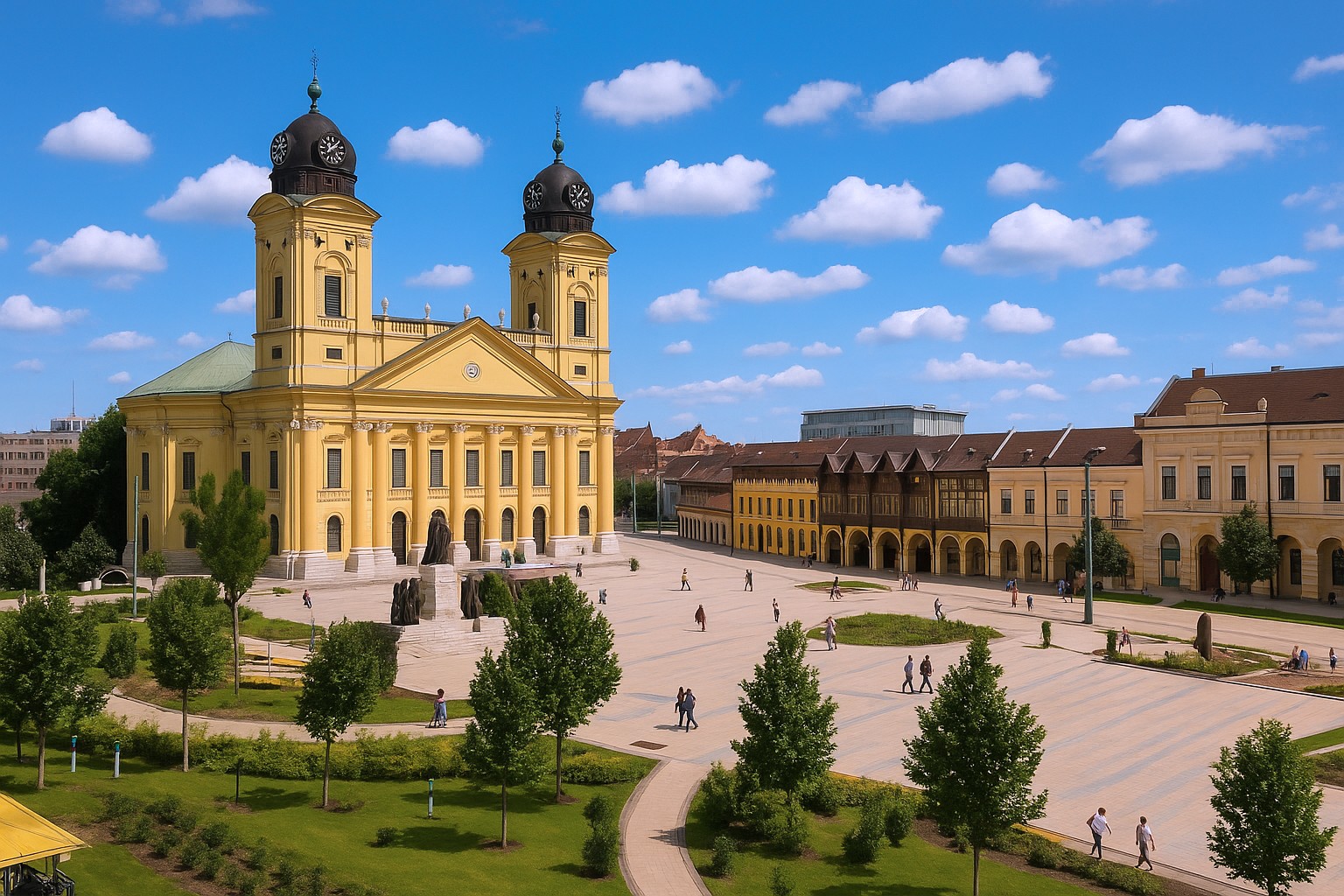 Panorama vom Kossuth-Platz in Debrecen mit dem Dom auf der linken Seite, historischen Gebäuden, Spaziergängern und hellem Himmel mit weißen Wolken.