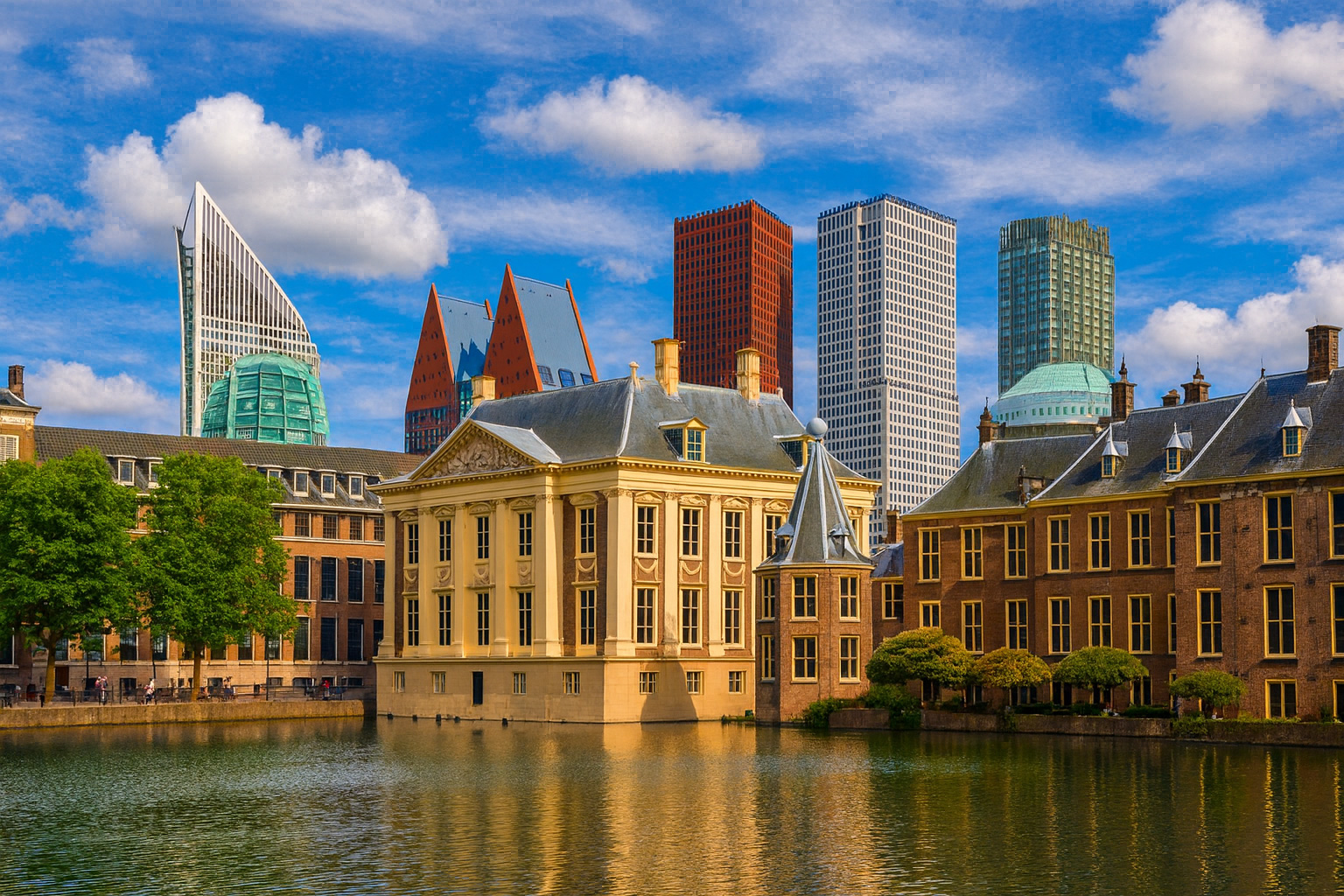 Panorama des Buitenhof in Den Haag mit klassischer und moderner Architektur, Spiegelung im Wasser und einem Himmel mit Zirrus- und Cumuluswolken bei Sonnenlicht.