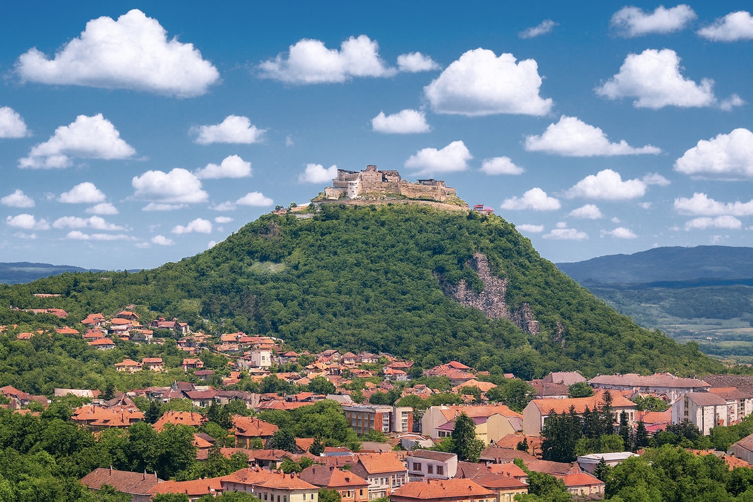 Burg in Diemrich auf einem bewaldeten Hügel über der Stadt mit roten Ziegeldächern, bei bestem Tageslicht und blauem Himmel mit großen weißen Wolken.