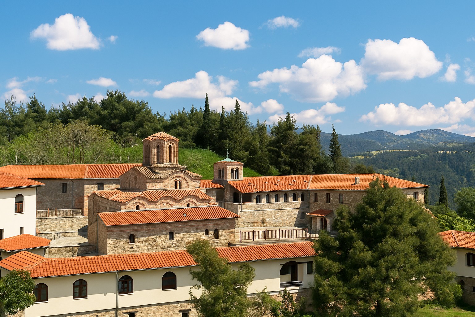 Heiliges Kloster der Jungfrau Maria Olympiotissa in Elassona mit byzantinischer Architektur, roten Dächern und blauem Himmel mit weißen Wolken.