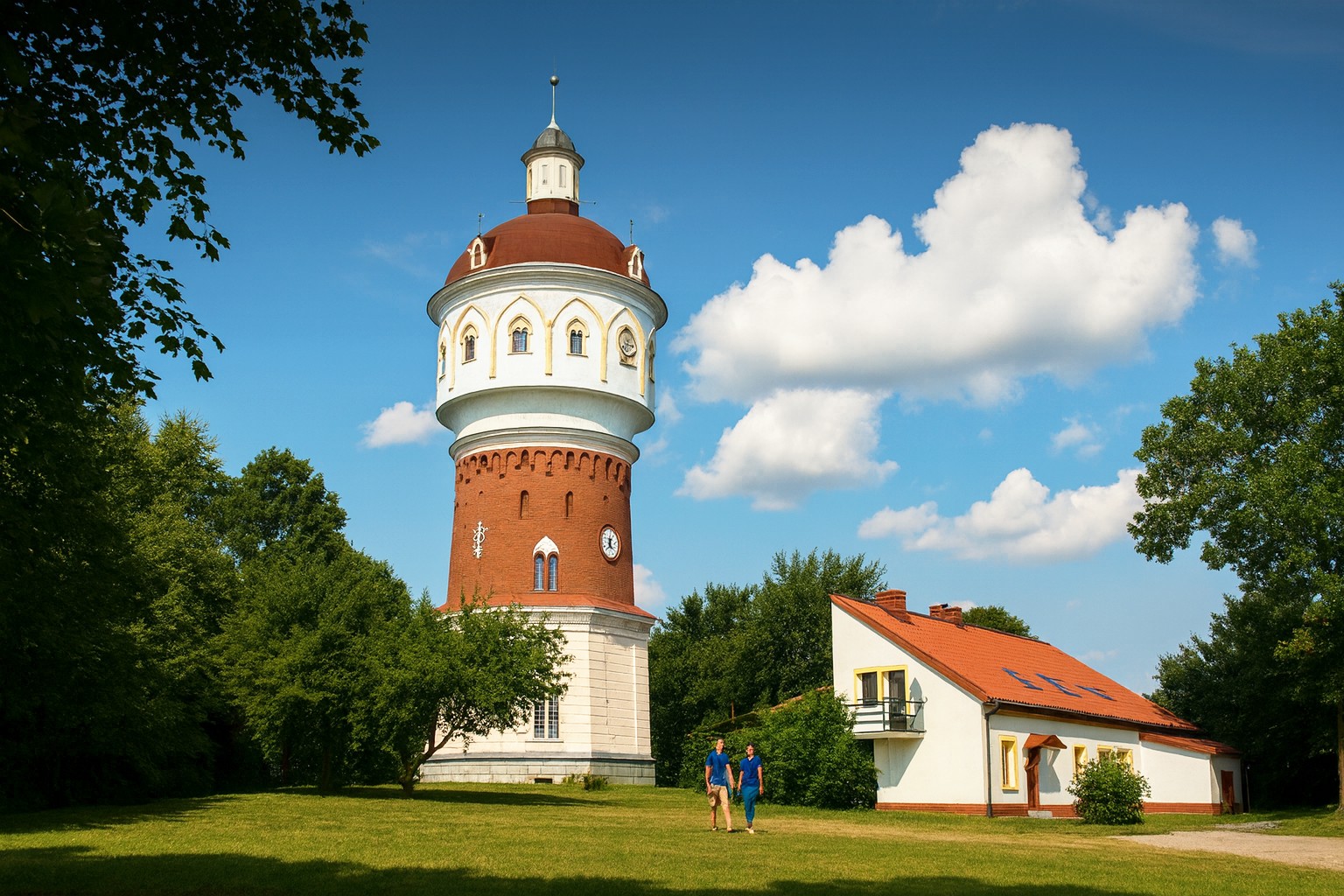Historischer Wasserturm in Ełk in Polen mit rotem Backsteinsockel und weißem Aufbau bei bestem Sonnenlicht und malerischen Wolken, zwei Spaziergänger gehen über die Wiese am Turm.