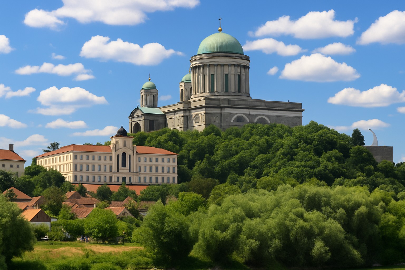 Der Dom von Esztergom mit seiner grünen Kuppel und klassizistischer Architektur, auf einem grünen Hügel gelegen, unter blauem Himmel mit weißen Wolken in der Mittagssonne.