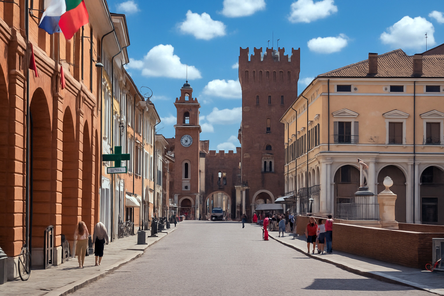 Historisches Zentrum von Ferrara mit roten Backsteingebäuden, Uhrturm und Passanten auf einer sonnigen Kopfsteinpflasterstraße bei blauem Himmel mit weißen Wolken.