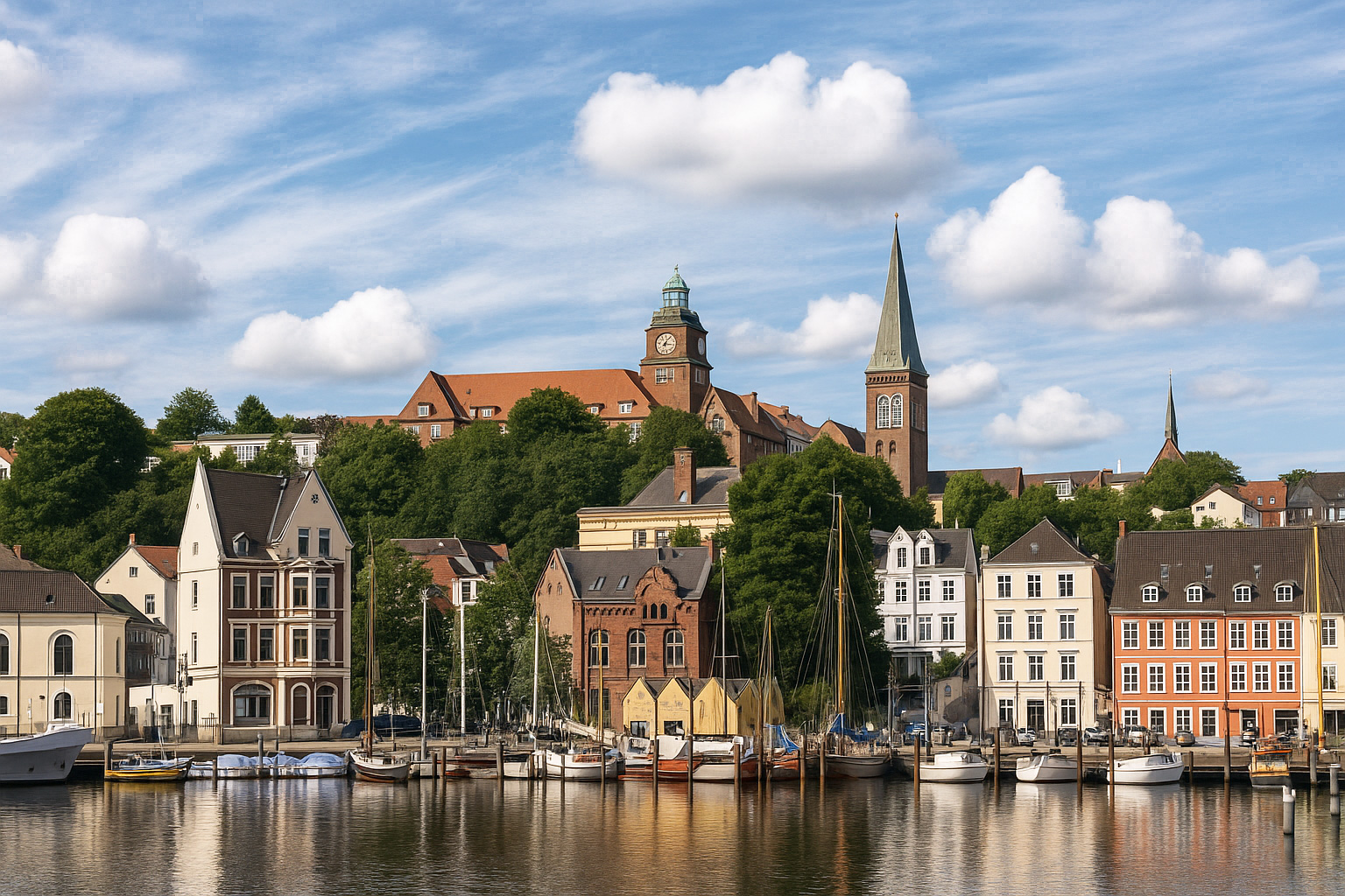 Blick auf den Hafen von Flensburg mit historischen Gebäuden, Segelbooten und dem Uhrturm unter einem Himmel mit Zirrus- und Kumuluswolken.
