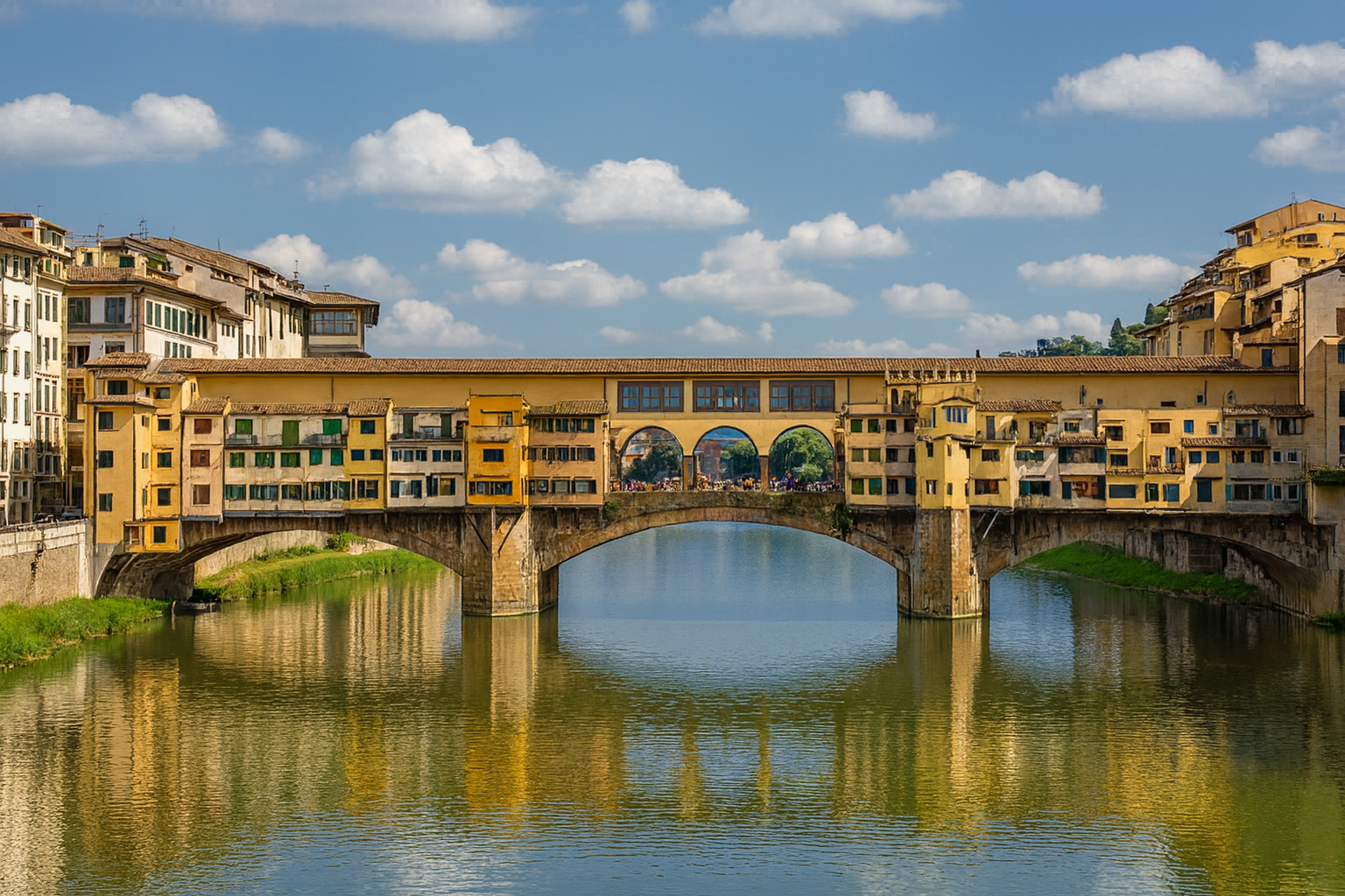 Panorama der Ponte Vecchio Brücke in Florenz über dem Arno unter malerischen weiß-grauen Wolken im besten Sonnenlicht.