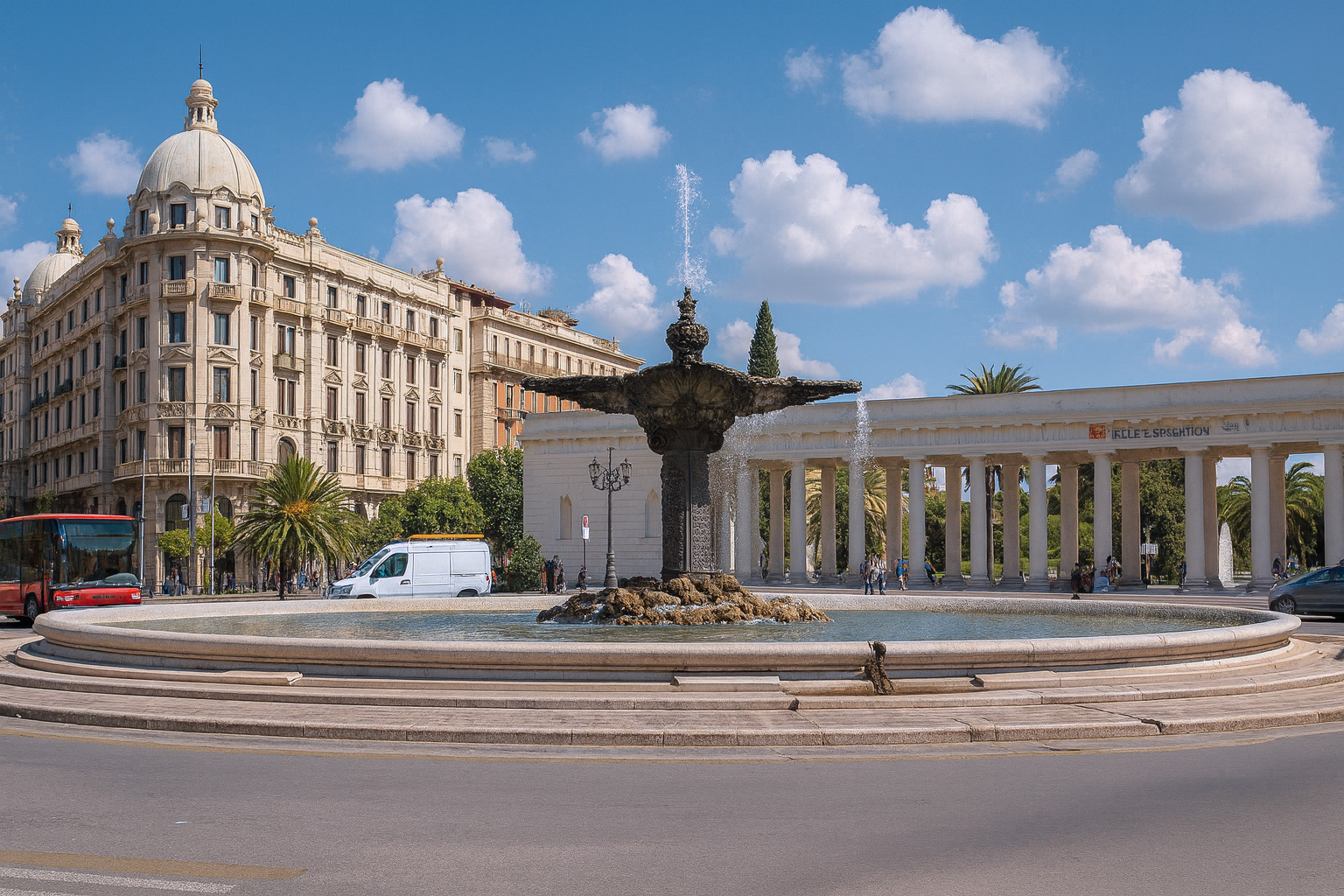 Piazza Camillo Benso Cavour in Foggia mit historischem Brunnen, Palmen und klassischer Architektur unter malerischen weiß-grauen Wolken im Sonnenschein.
