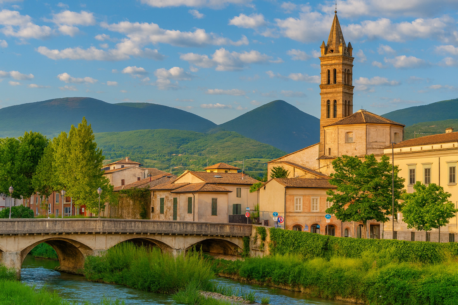 Panorama der Via Venti Settembre Brücke in Foligno mit der Saint Giacomo Kirche unter malerischen weiß-grauen Wolken im besten Sonnenlicht.