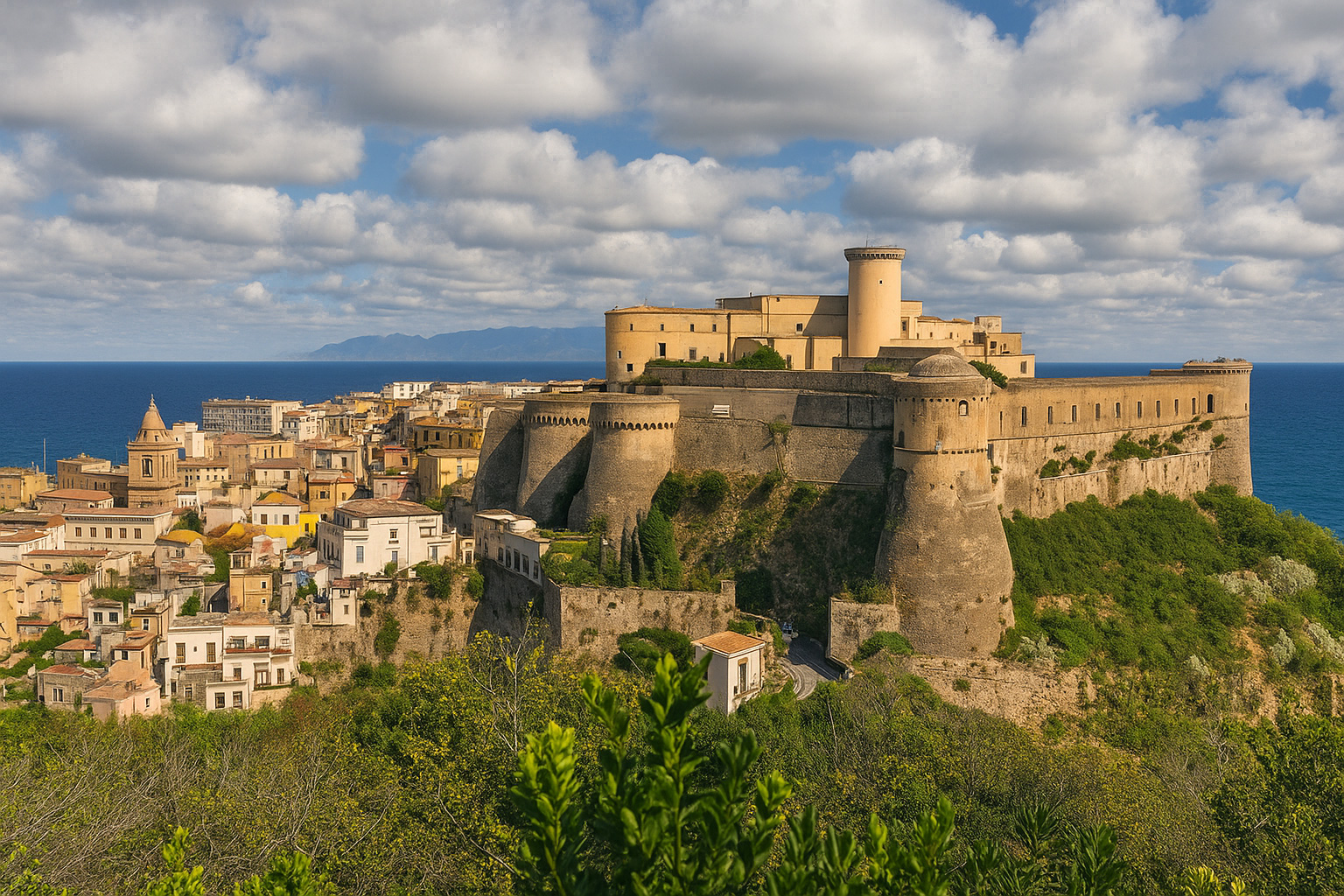 Panorama von Gaeta mit dem Castello Angioino-Aragonese über der Altstadt, umgeben vom blauen Meer und malerischen weiß-grauen Wolken im besten Sonnenlicht.