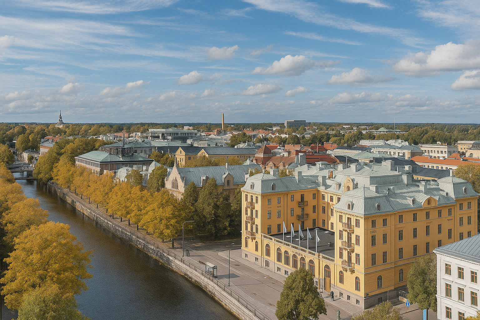 Luftaufnahme der Uferpromenade in Gävle mit dem gelben Elite Grand Hotel am Fluss, umgeben von herbstlichen Bäumen und blauem Himmel mit weißen Wolken.