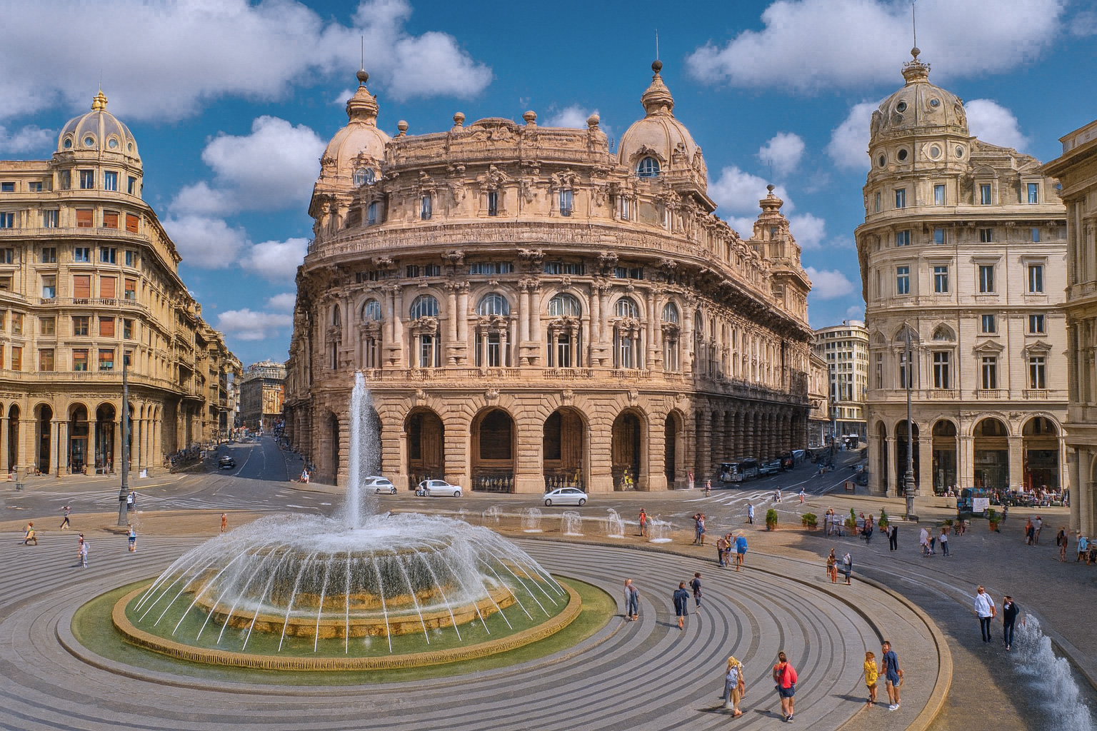 Piazza De Ferrari in Genua mit dem zentralen Brunnen und den historischen Palästen unter malerischen weiß-grauen Wolken im Sonnenschein.