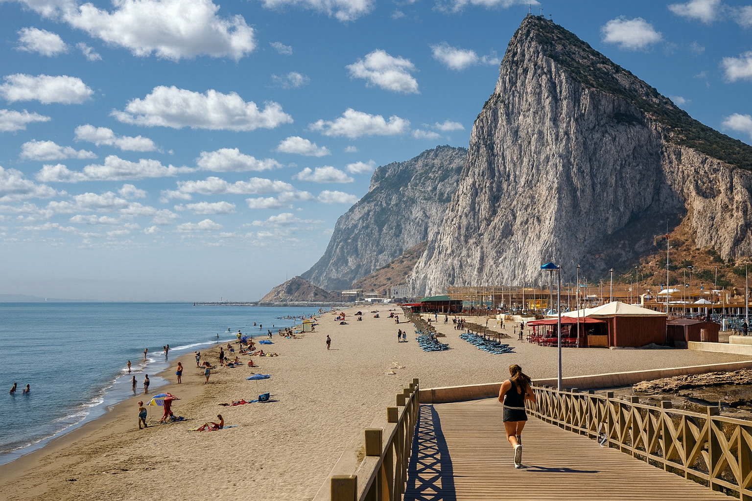 Panoramaaufnahme des Strandes in Gibraltar mit dem markanten Felsen im Hintergrund, bei klarem Sonnenlicht und malerischen weiß-grauen Wolken, während Menschen am Strand spazieren und baden.