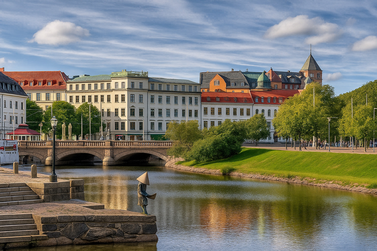 Blick auf die Basargatan in Göteborg mit historischen Gebäuden, der Steinbrücke über den Kanal und dem bekannten Flussufer unter einem Himmel mit Zirrus- und Kumuluswolken.